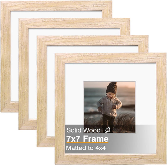 KINLINK 7x7 Picture Frame, Natural Square Solid Wood Frames for Pictures 4x4 with Mat or 7x7 without Mat, Wall and Tabletop Display Photo Frames Natural Wood 4 Pack