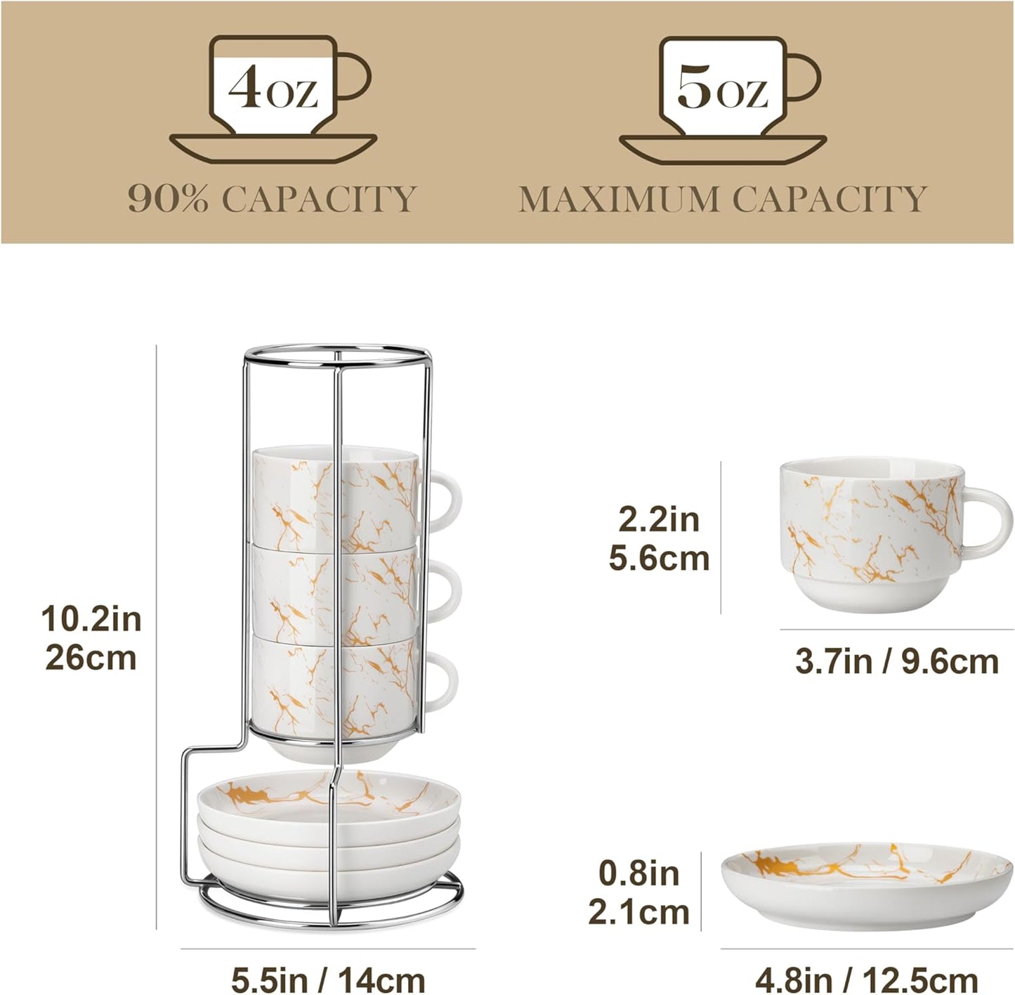 MALACASA 4 OZ Porcelain Espresso Cups with Saucers and Metal Stand Set of 4, Stackable Cappuccino Cups, Marble White Expresso Shots Cup Set for Coffee Drinks, Latte, Tea