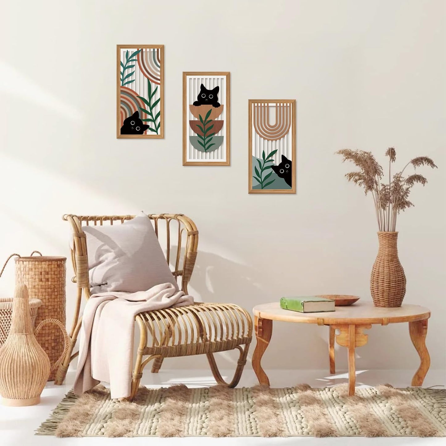 IARTTOP 3 Pcs Boho Black Cat Wall Decor Abstract Geometric Wood Wall Art Bohemian Cat Hanging Decor Mid Century Modern Artwork Decoration for Farmhouse Bedroom Living Room 7.9 x15.8 Inch