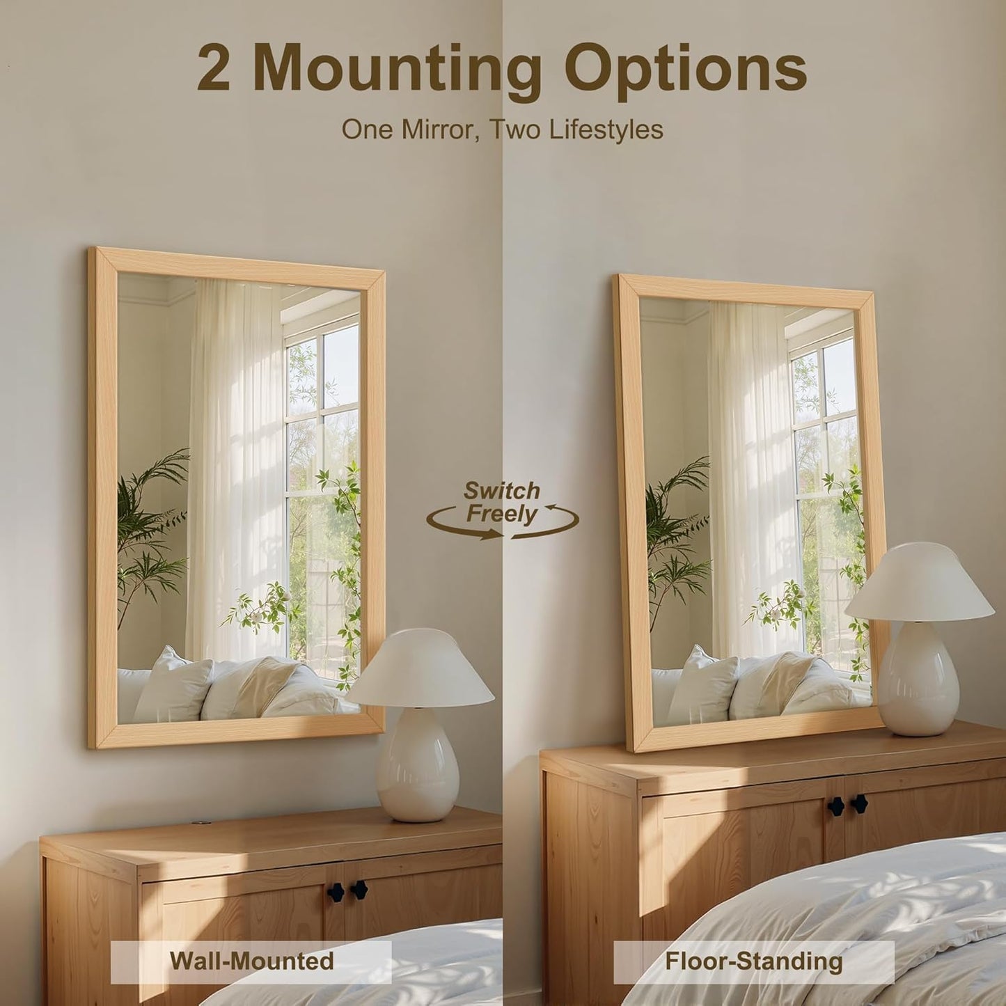 Delma Wall Mirror with Wooden Frame, 30x20 Farmhouse Wall Mounted Floor Mirror with Stand, Vertical Hanging, Leaning Standing for Bathroom,Bedroom, Living Room