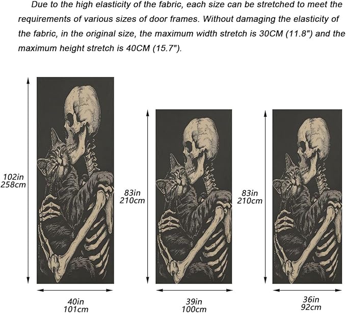 Halloween Door Cover Cat and Skeleton Skull Banner Decoration 79 * 35 inch for Front Doors Wall Party Decor