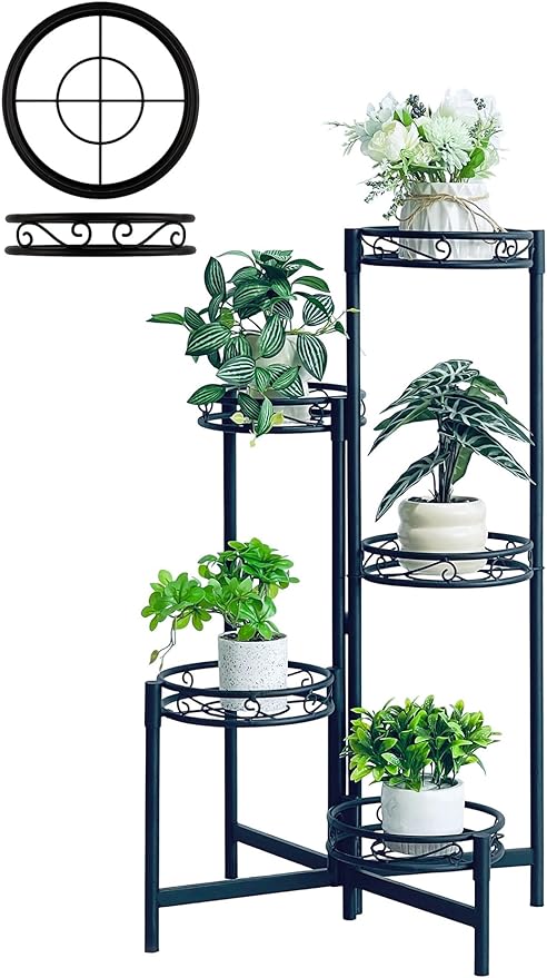 Metal Plant Stand Indoor Outdoor, 5 Tier 5 Potted Multiple Plant Shelf Stands, Wrought Iron Flower Holder Shelf, Folding Tall Rack Shelf for Patio, Balcony, Corner Living Room - BlackCircle