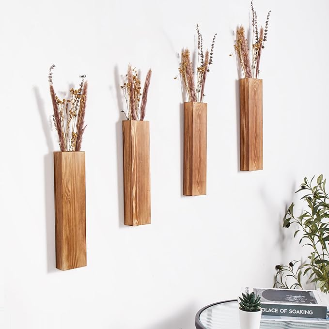 4-Pack Wood Wall Planters for Fake Plants and Dried Flowers Stems, 12" Slim Modern Wooden Vases Wall Decor for Living Room, Bedroom, Bathroom, Apartment
