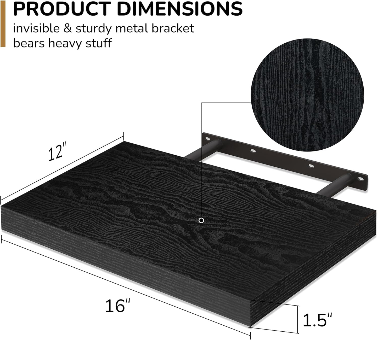 Fun Memories Floating Shelves - 2 Pack 12 Inch Deep Rustic Wooden Wall Shelves - Extra Deeper & Thicker Wall Mounted Storage Shelf for Kitchen, Farmhouse - 16" W x 12" D x 1.5" H - Rustic Black