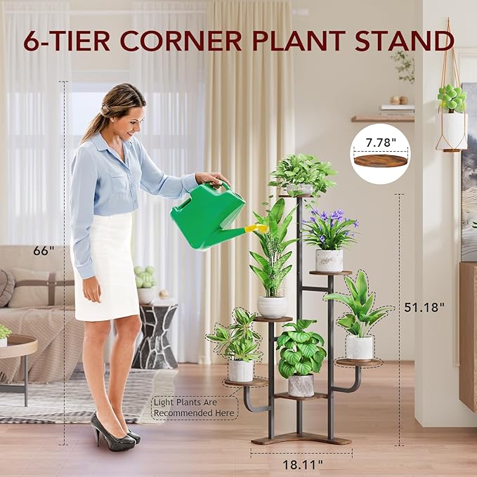 Corner Plant Stand with Grow Light - 6 Tier Plant Stand Indoor Round Metal Plant Shelf with Adjustable Light, Plant Organizer for Living Room, Graden, Home Decor (Brown)