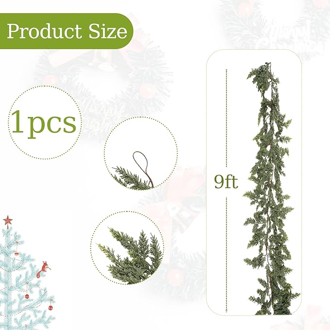 1 Pcs Christmas Real Touch Cedar Garland, 9 Ft Green Cedar Garland with Soft Thickness Pine, Artificial Garlands for Christmas Mantel Decor, Fireplace, Stair and Table Decorations
