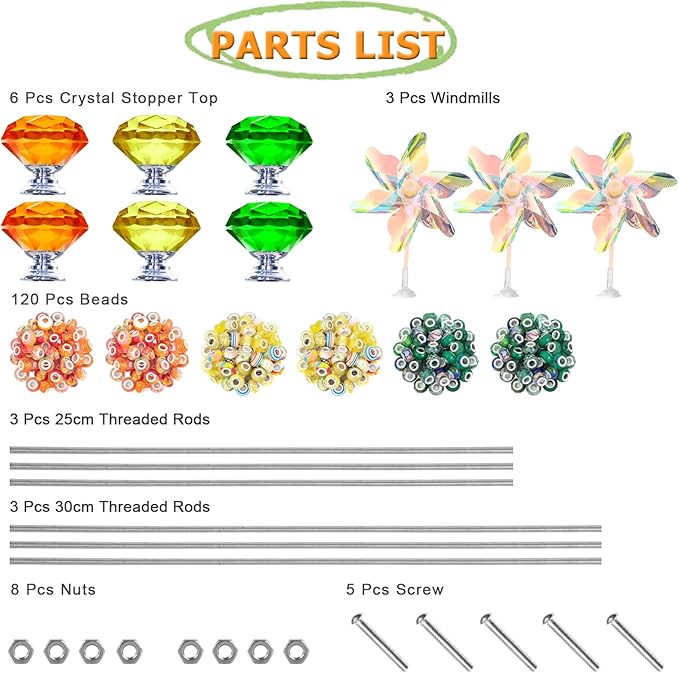 148 PCS Beaded Garden Stakes Kit, DIY Fairy Wand Garden Stake Beads Kits with Assortment Large Hole Beads 6 Crystal Stopper Top Threaded Rods and 3 Colored Small Windmills for Outdoor Indoor Decor