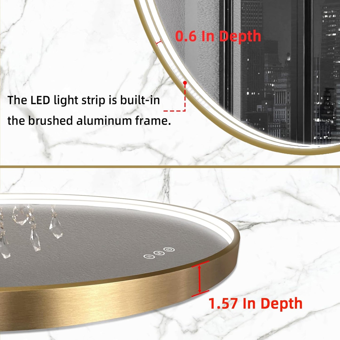 LED Bathroom Mirror with Gold Framed 28 Inch, LED Mirror for Bathroom with Anti-Fog, Stepless Dimmable, Front Lit, Memory Function, Shatter-Proof