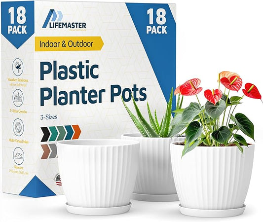 White 6-Inch Plant Pots with Drainage & Saucers 18 Pack, Indoor & Outdoor Planters for Houseplants, Herbs, and Flowers, Durable & Weatherproof Material, Stackable, Lightweight, Minimalist Design