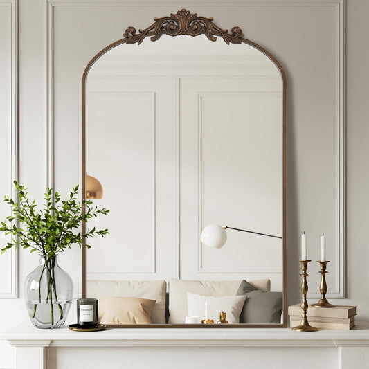 Filigree Arched Wall Mirror 26"x38" Retro Wall-Mounted Mirror with Vintage Ornate Carved Applique Hanging Leaning Antique Home Decor Mirror for Fireplace Living Room Entryway Hallway Bathroom, Bronze