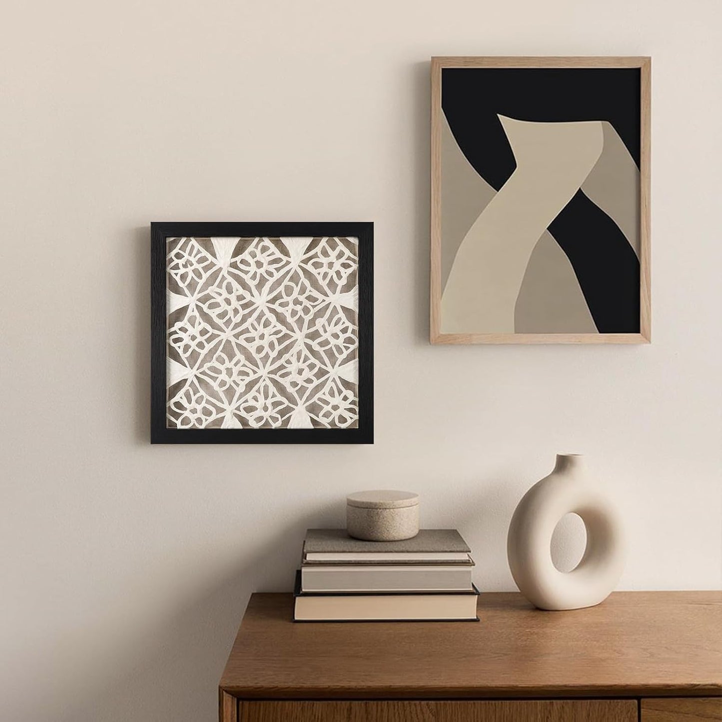 FOLKOR Abstract Black and White Wall Art for Bedroom Decoration, 12" Handmade Rice Paper Geometric Artwork Eclectic Decor, Floating Shadow Box Art for Boho Kitchen Dining Room Nursery Decoration