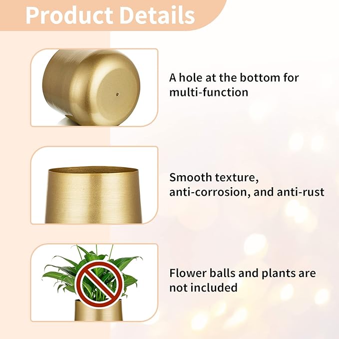 Nuptio 2 Pcs Plant Pot Gold Vase Metal Flower Pot Vase with Drainage Hole, Modern Storage Organizer Decorative Gifts for Wedding Indoor Outdoor Living Room Balcony Decoration Floor Display