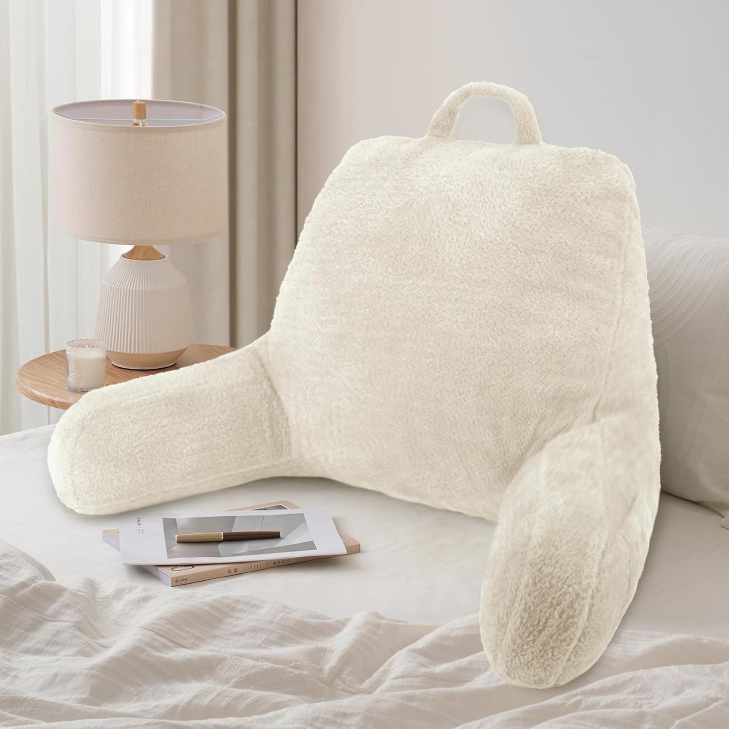 Blissful Diary Plush Velvet Reading Pillow for Kids/Teens/Adults, Back Rest Pillow for Sitting Up in Bed with Shredded Memory Foam, Includes Arms and Washable Cover, Off White