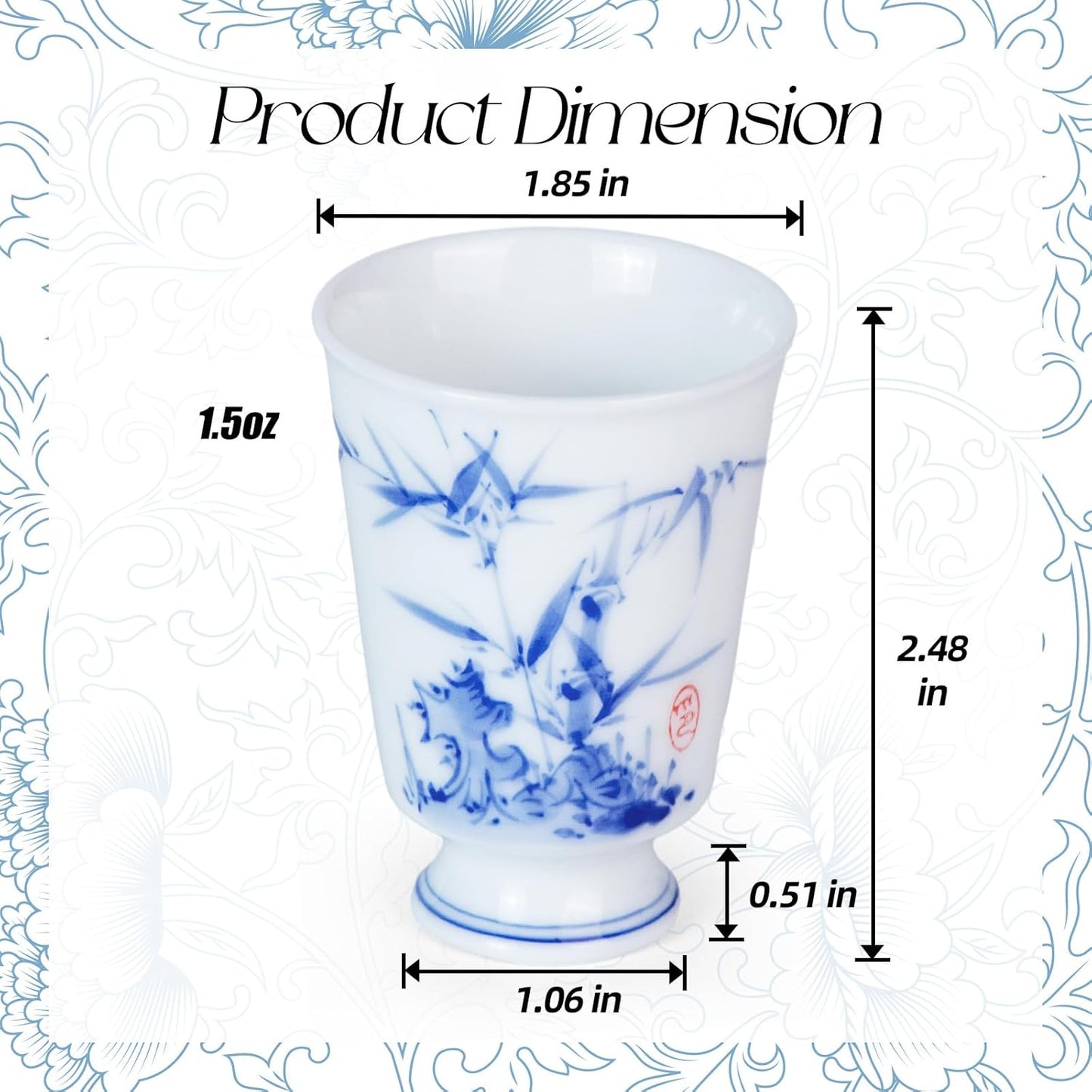 KAMMAK Ceramic Tea Cups Small, Cute Vintage Coffee Cup Set of 2, Porcelain Teacups Espresso Mug, 1.5oz Hand Painted Chinese Afternoon Tea Party Mugs, Birthday Gift for Women Men, High Stone