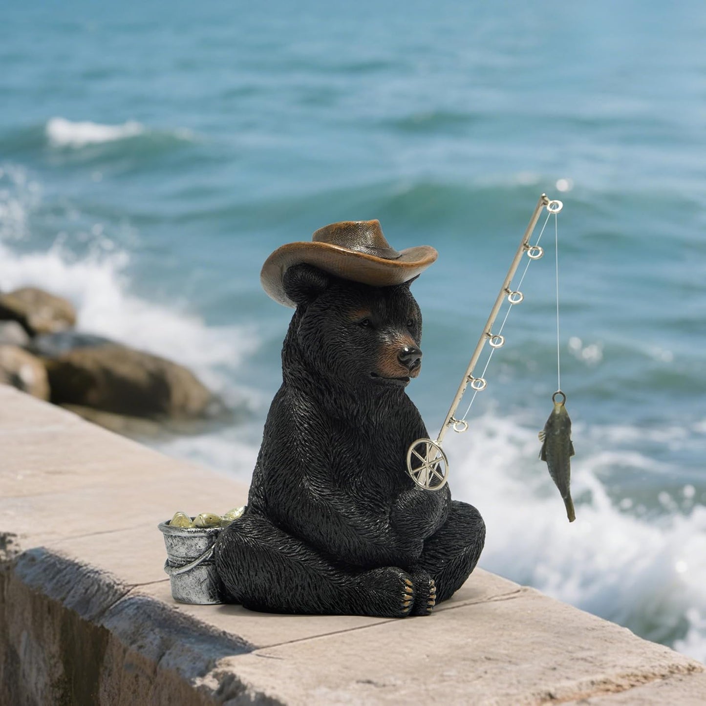 Hodao Black Bear Fishing Figurines Decoration Summer Bear Crafts for Home Office Desk Decor Statue for Tabletop Shelf Decoration Ornament Gifts Decor for Beach Fishing Lovers (Black)