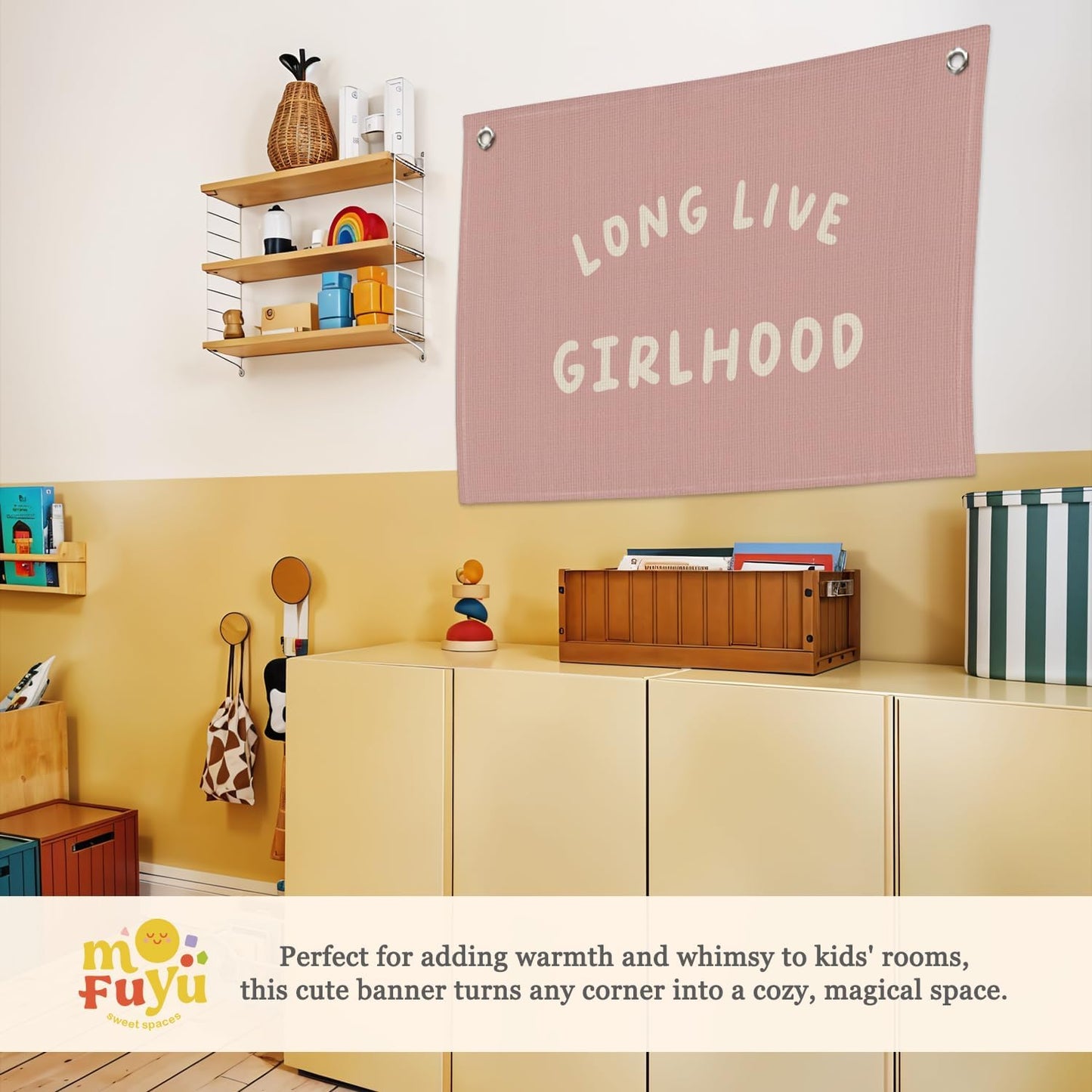 Girls Room Wall Art Decor,Long Live Girlhood Linen Canvas Banner–Pink Wall Hanging Flag Decor for Girls Room, Nursery Kids Bedroom Dorm Toddler Decorations - 20x30 Inch