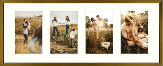 Frametory - 8x20 Aluminum Collage Picture Frame - Display 4x6 Pictures with 4 Openings Mat - Real Glass Front - Horizontal/Vertical Wall Mount - Bronze 1 Pack