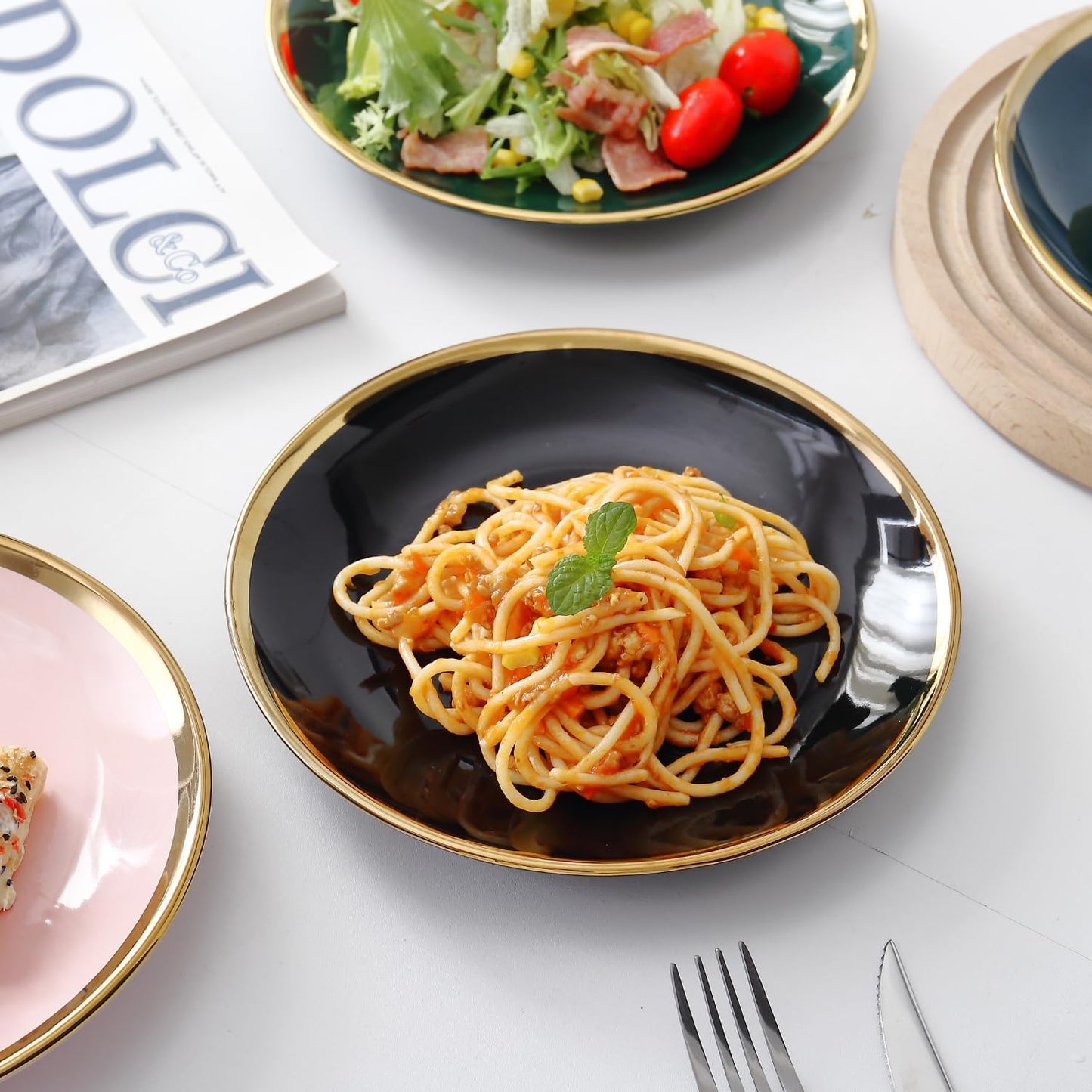 Dinner Plates, Set of 6, 8 inch, Black Porcelain with Gold Trim, Small Plates, Black Ceramic Plates, Ideal for Desserts and Appetizers.