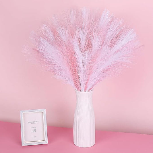 60 Pcs Pampas Grass Pink White Decor 21.7" Fluffy Faux Short Pampas Grass Artificial Small Pompas Grass Flower Vase Filler for Home Wedding Decoration