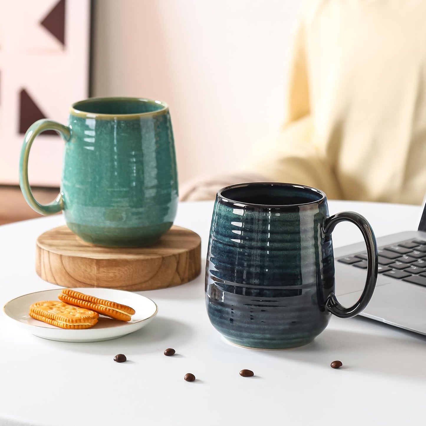 Large Coffee Mugs, Extra Large Ceramic Coffee Mug, 23 oz Handmade Pottery Mug, Big Tea Cups with Handle for Office and Home, Dishwasher and Microwave Safe (Green)