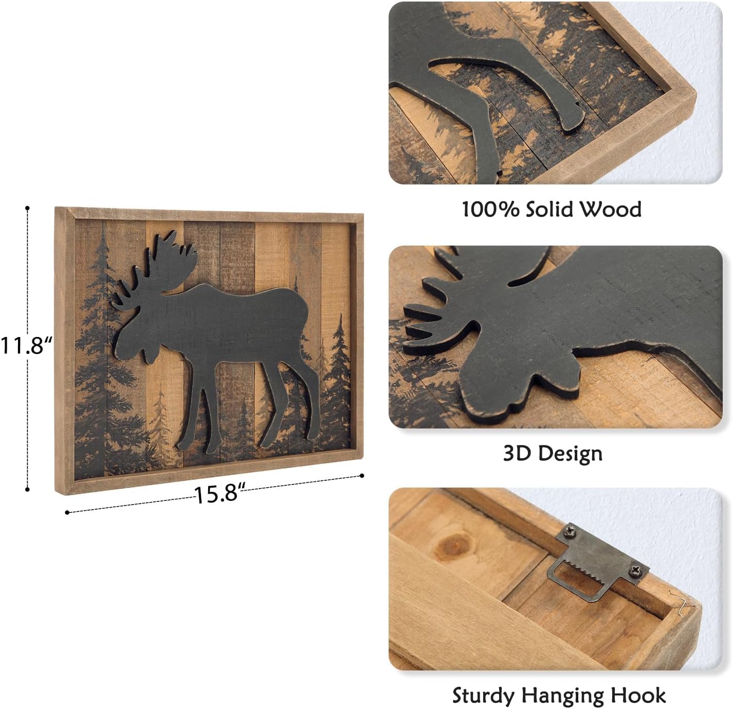 NIKKY HOME Cabin Wall Decor, 3D Moose Solid Wood Forest Mountain Woodland Wildlife Lodge Animal Picture Art Bathroom Decor, 16 x 12 Inches