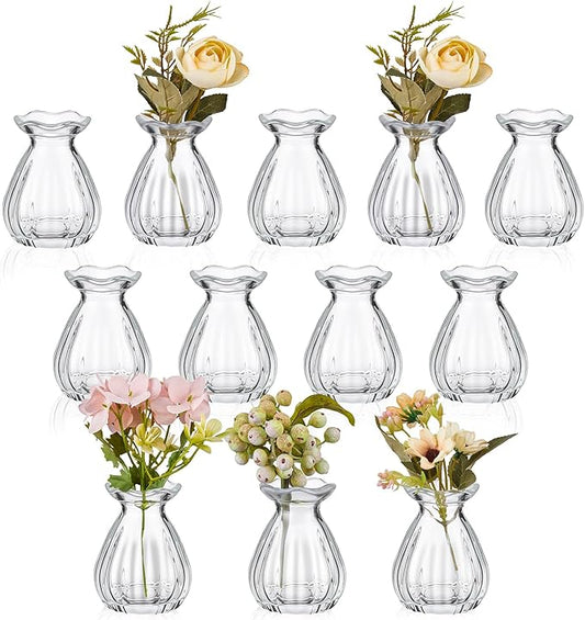 12 Pieces Glass Bud Vases for Centerpieces Bulk Mini Flower Bouquets Vases Small Cute Crystal Ribbed Clear Glass Bud in Bulk for Wedding Baby Bridal Shower Table Party Home Decor