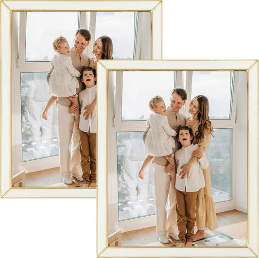 Frametory Enamel Picture Frame - 8x10 Gold Metal Edge White Enamel Picture Frame With Easel and Velvet Back for Tabletop Display, Bookshelf, 8x10 Wall Decoration, Photo Frames-2 Set