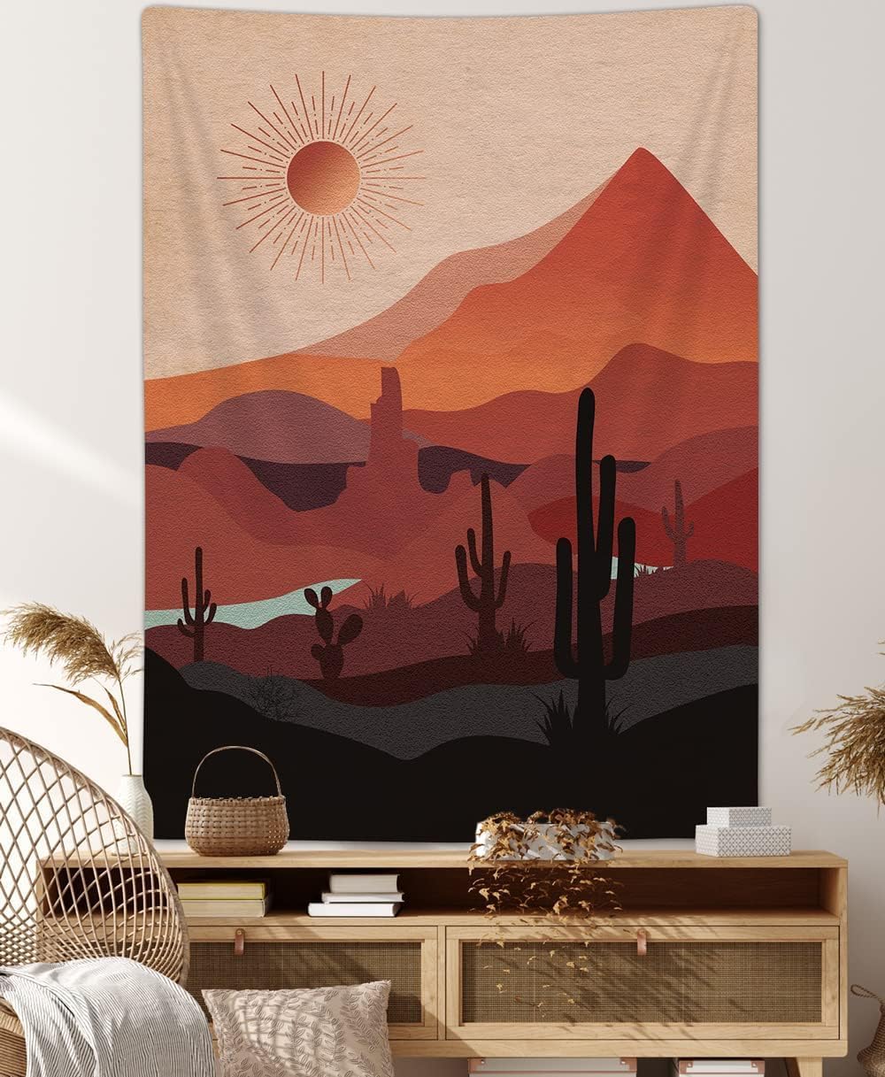 DYNH Boho Western Tapestry Modern Southwestern Mountain Cactus Arizona Desert Sunset Wall Tapestry Mid Century Modern Retro Aesthetic Minimalist Vertical Wall Hanging for Bedroom 36X48IN