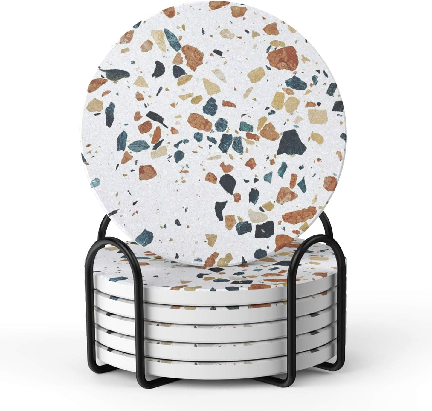 LIFVER Absorbent Drink Coasters with Holder, Set of 6 Ceramic Coasters Set with Cork Base, for Kinds of Drinking Glasses, 4 Inches Stone Coasters for Home Decor, White Elephant Gifts for Adults