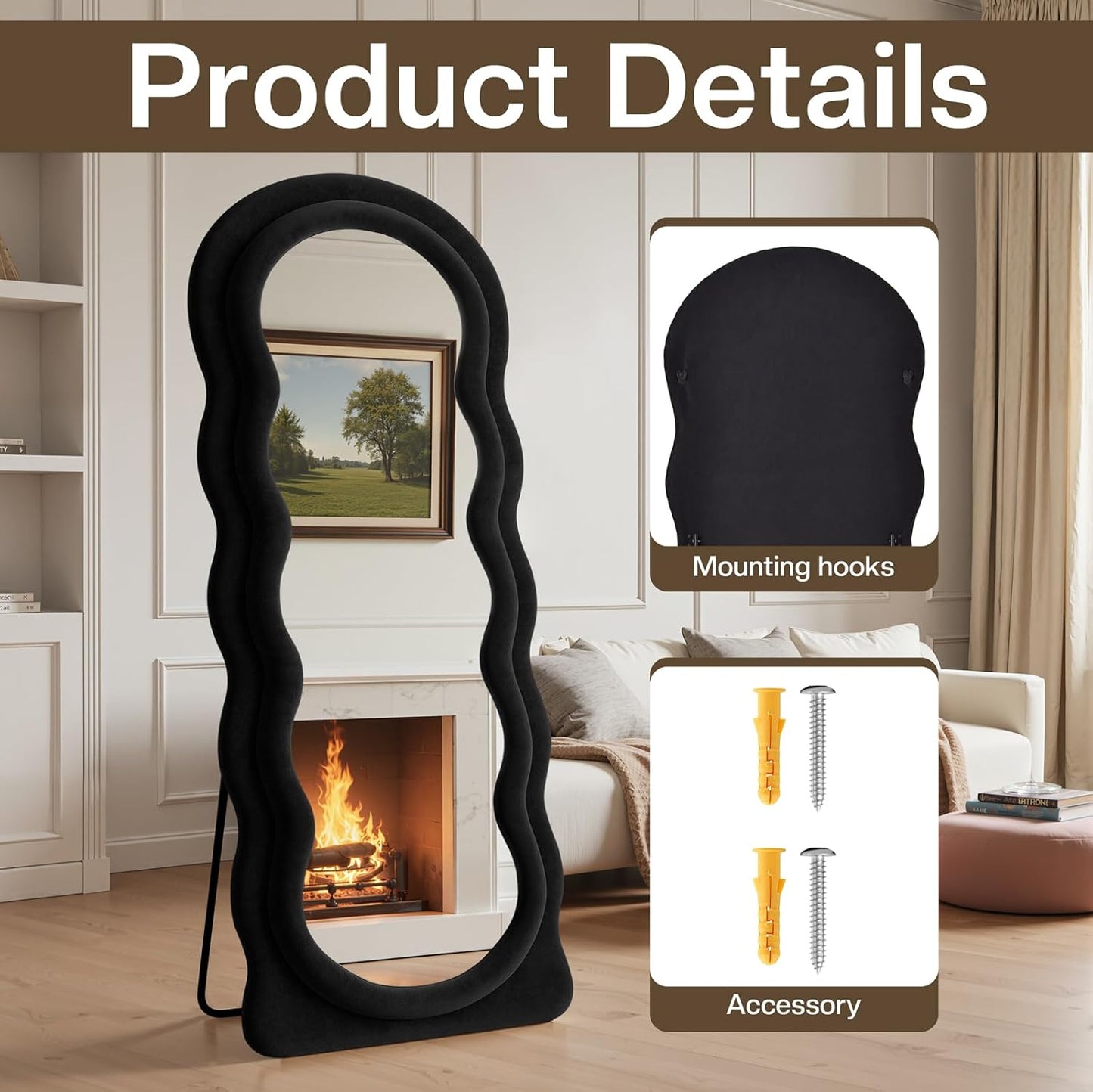 Full Length Mirror 71"x30" Irregular Wavy Full Body Wall Mounted Floor Mirror with Stand Black Flannel Frame Leaning Hanging Wall for Bedroom Entrance Hallway