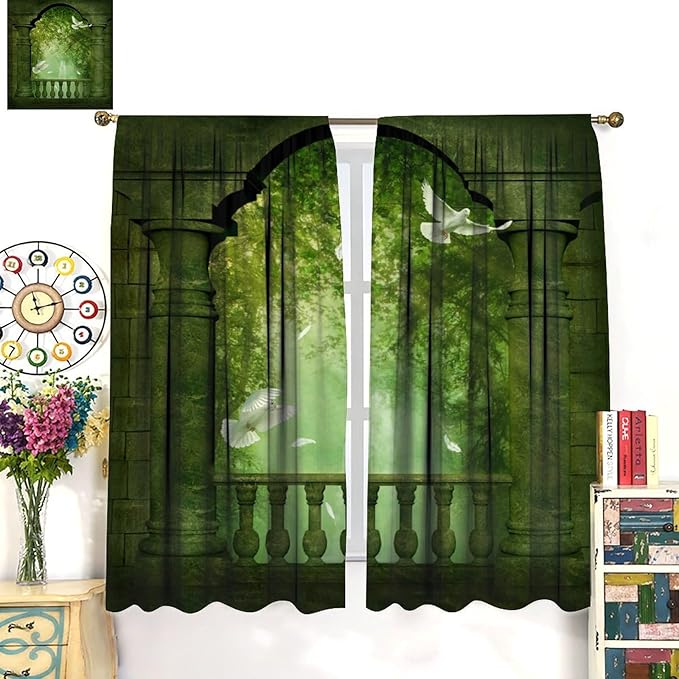Gothic Blackout Curtains，Fantasy Ancient Balcony Doves Pattern Drapes Window 2 Panel Rod Pocket Curtain for Bedroom Living Room Decor 36" W X 63" L