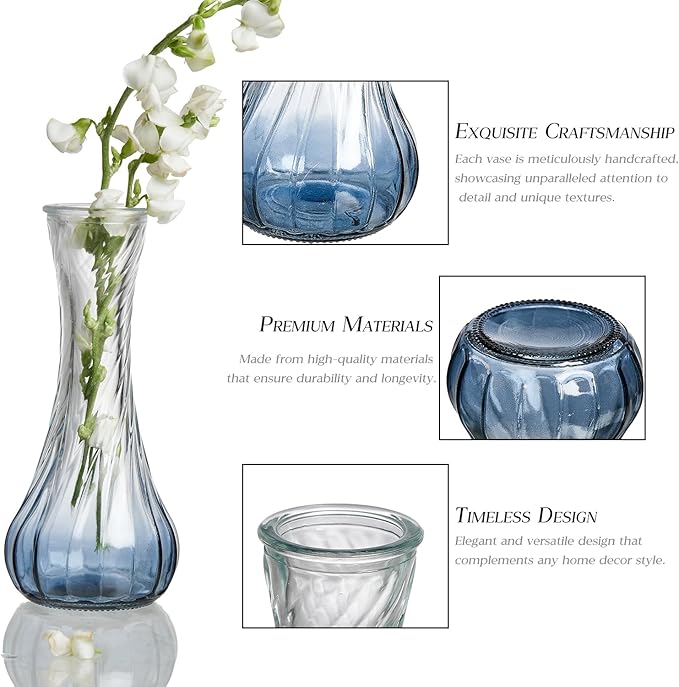 Glass Bud Vase Set of 60 - Small Vases for Flowers in Bulk - Assorted Vintage Crystal Vases for Flowers, Table Centerpieces (Blue, 60 Pcs)
