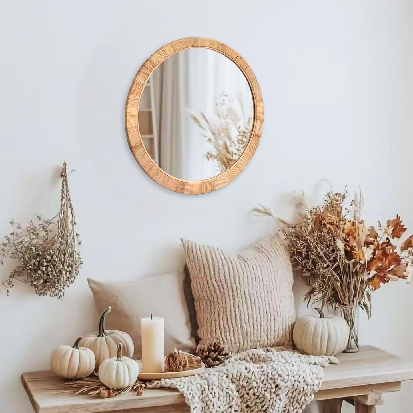 FUIN 25" Boho Chic Round Rattan Mirror - Handmade Wicker Frame - Perfect for Rustic Farmhouse Décor
