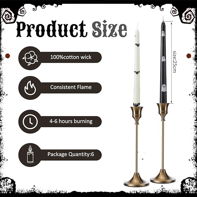 6 Pcs Taper Candles 10 Inch Candle Sticks for Bachelorette Bridal Wedding Party Baby Shower Table Cake Decor(Butterfly Bat and Ghost,10 Inch,Black and White)