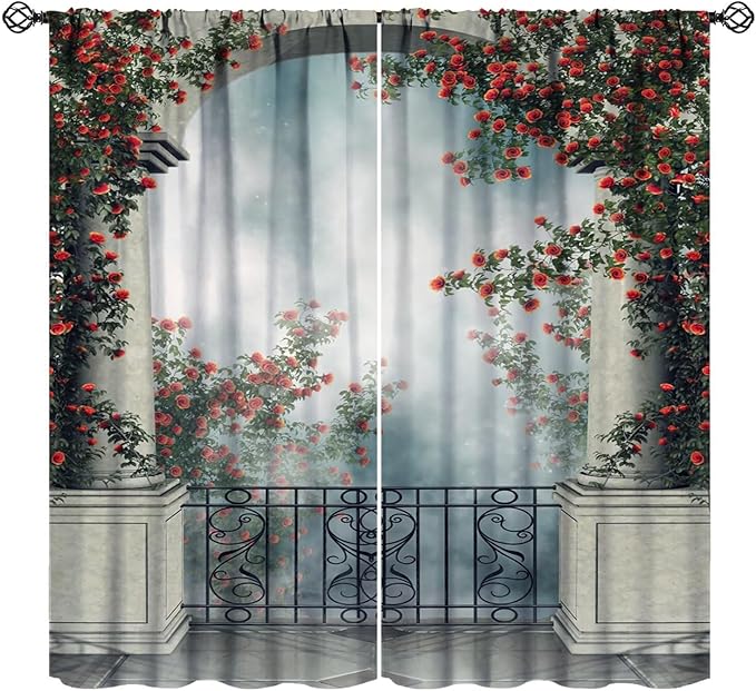 Gothic Castle Blackout Curtains，Vintage Medieval Foggy Romantic Rose Floral Pattern Drapes Window 2 Panel Rod Pocket Curtain for Bedroom Living Room Decor 42" W X 84" L