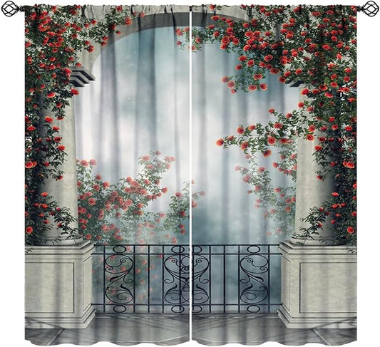 Gothic Castle Blackout Curtains，Vintage Medieval Foggy Romantic Rose Floral Pattern Drapes Window 2 Panel Rod Pocket Curtain for Bedroom Living Room Decor 42" W X 84" L
