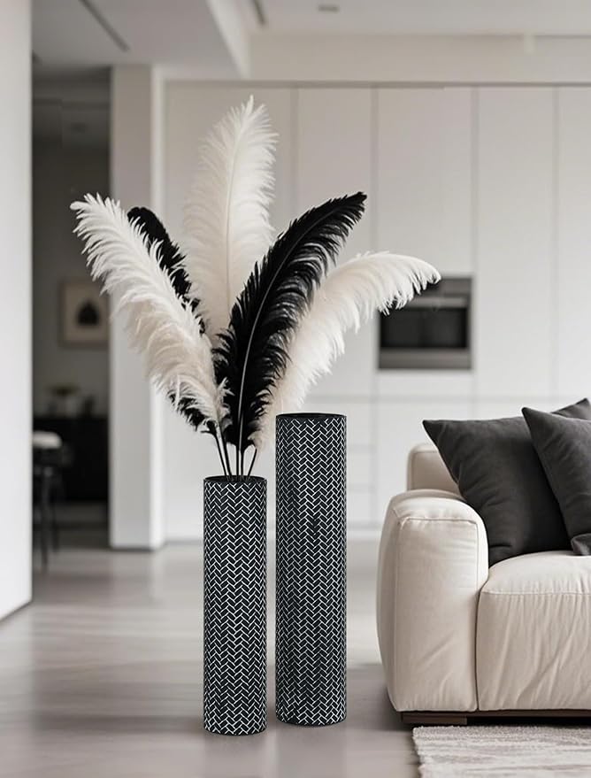 Sziqiqi Black Tall Floor Vase: 27.6/21.7in Metal Modern Cylinder Floor Vases - Woven Texture Extra Large Decorative Vase Set of 2 Home Decor for Living Room Bedroom Home Corner Indoor Office