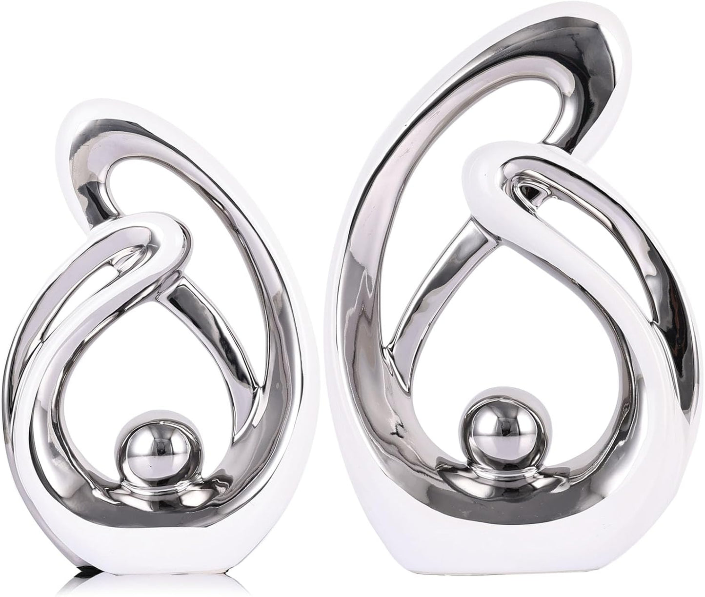 Home Decor Accent,Porcelain Art Mid Century Bookshelf Decorations,Gold Centerpieces for Tables,Abstract Ceramic Statue Sculpture for Coffee Table Mantel Tv Stand Centerpieces (White Silver, Small)