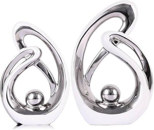 Home Decor Accent,Porcelain Art Mid Century Bookshelf Decorations,Gold Centerpieces for Tables,Abstract Ceramic Statue Sculpture for Coffee Table Mantel Tv Stand Centerpieces (White Silver, Small)