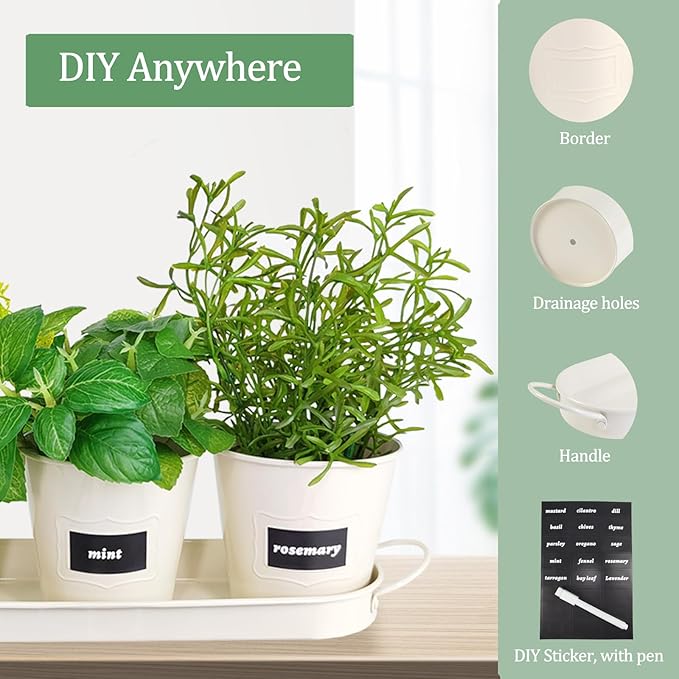 4" Herb Garden Planter Kit, Indoor Herb Planters with Tray, Set of 3 Metal Windowsill Pots for Flower Plants with Drainage Hole, Customizable Labels & Marker Pen, Beige