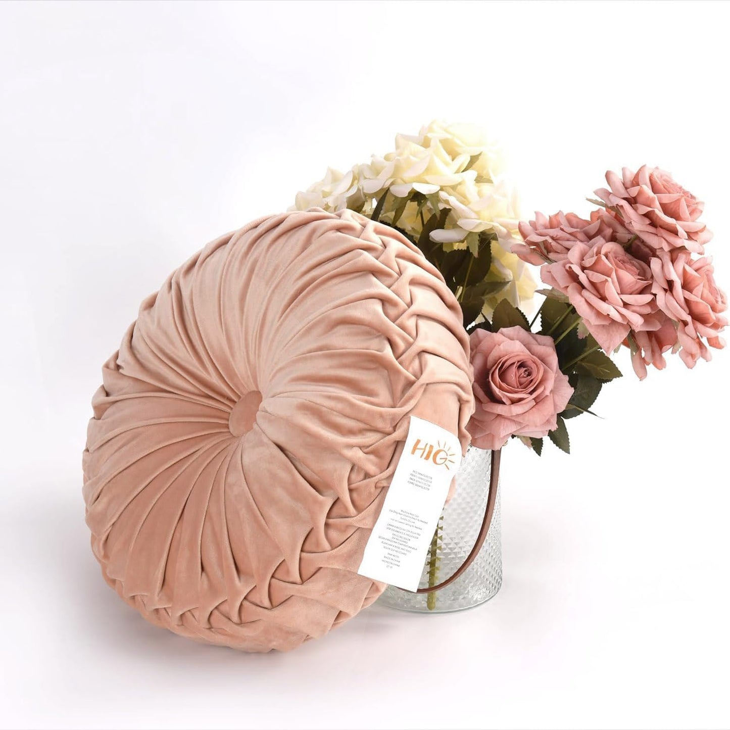 HIG Set of 2 Decorative Round Pleated Throw Pillows,Classy Accent Pumpkin Throw Pillows with Center Button,Vintage Velvet Floor Pillows for Sofa Vanity Chair Bed,Blush,16" Diameter(Ripple)