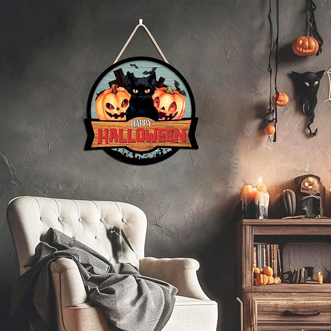 3D Halloween Door Decor Black Cat,Halloween Door Decoration,Black Cats Sign,Pumpkin Door Hanger,Horror Cross Tomb Haunted House Bat Wall Decor for Party Home Porch Yard Living Room Outdoor
