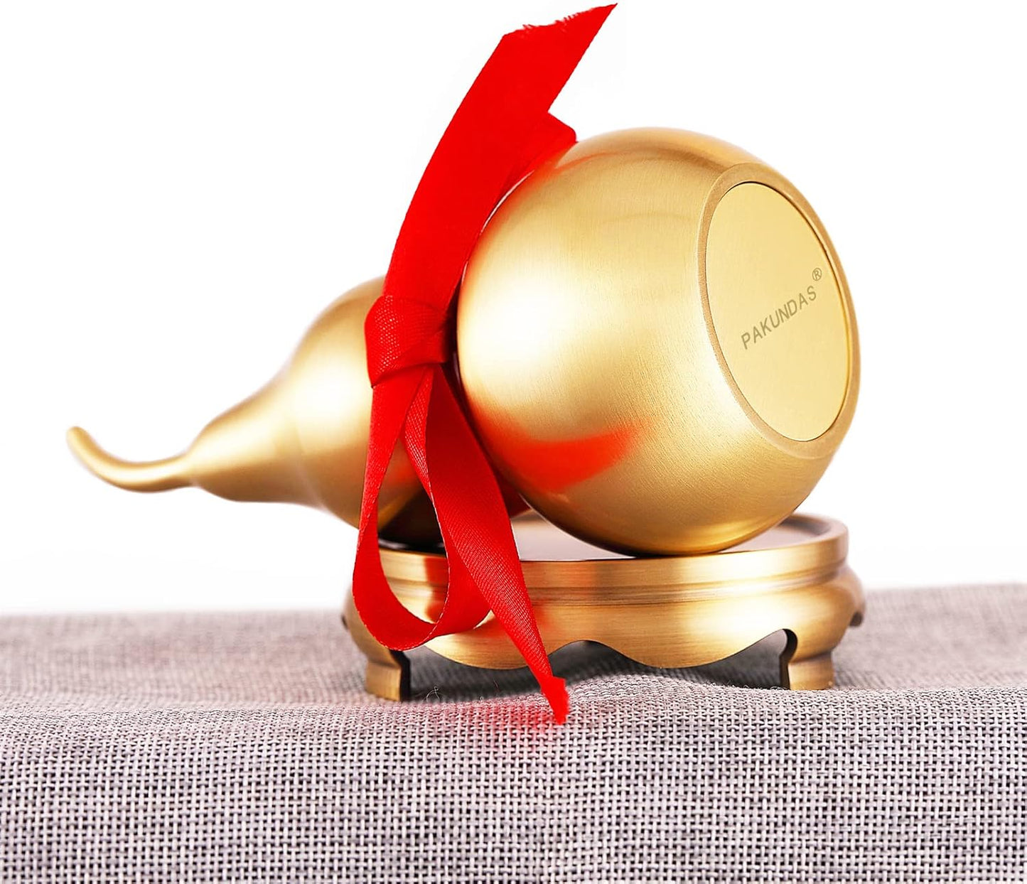 Feng Shui Wu Lou Brass Golden Gourd with Holder and Red Luck Strip for Home Decor Furnishing,Full Brass,Statue Charm Amulet,Bring You Good Luck,Healthy,Success