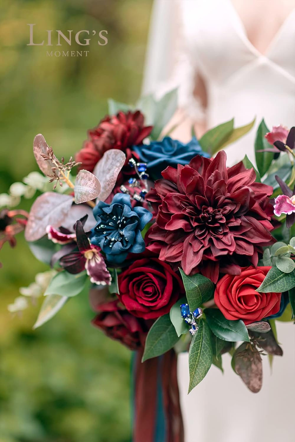 Ling's moment Burgundy Navy Blue Wedding Bouquets for Bride, Jewel Tone Bridal Bouquets for Bride, 13 Inch Free Form Artificial Wedding Flower Bouquet