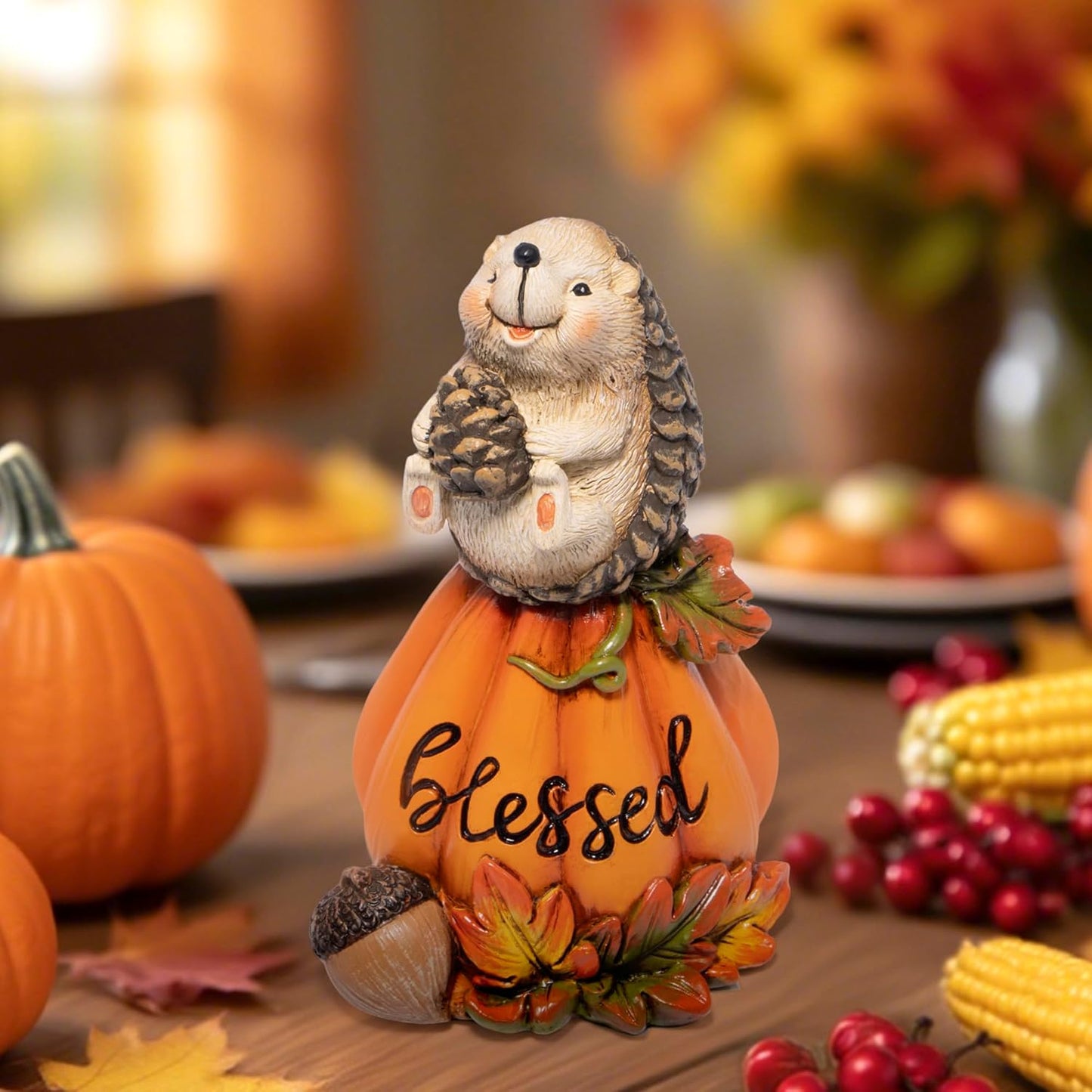 Hodao Blessed Pumpkin Hedgehog Figurine – Fall Harvest Festival Decor, Hedgehog Holding Corn – Thanksgiving Centerpiece, Autumn Home Decoration for Family Joy & Prayer (Orange-2)