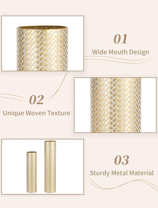 Sziqiqi Tall Gold Floor Vase: Set of 2 Woven Texture Metal Cylinder Vases Extra Large Decorative Standing Vase - 27.6/21.7in Vintage Vases Home Decor for Living Room Bedroom Home Corner Indoor Office