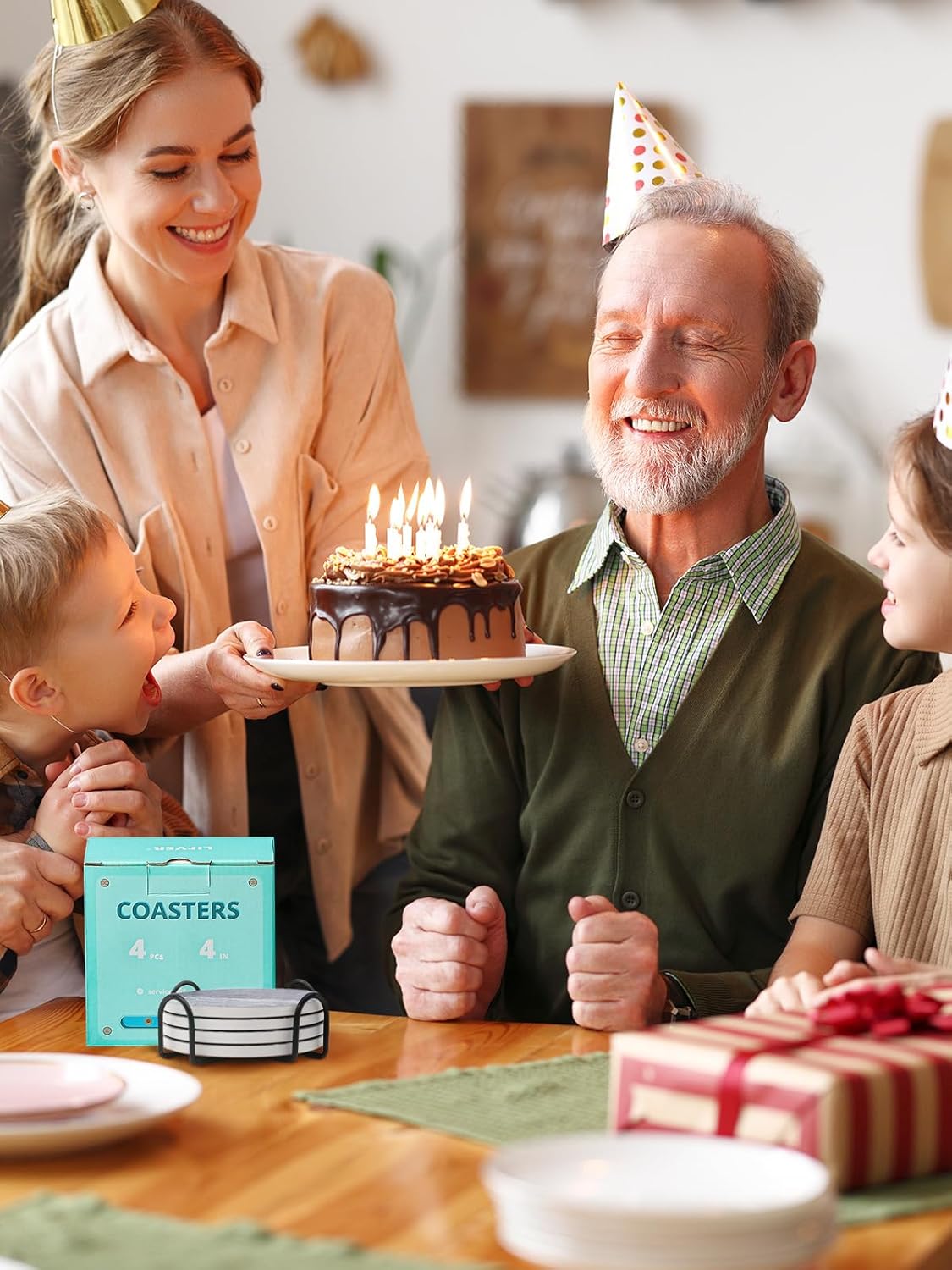 LIFVER Drinks Coasters Set of 4, Living Room Decor, Ceramic Absorbent Coasters with Cork Base, Protect Wooden Table or Furniture from Scratched, Drink Coasters with Holder - Grey