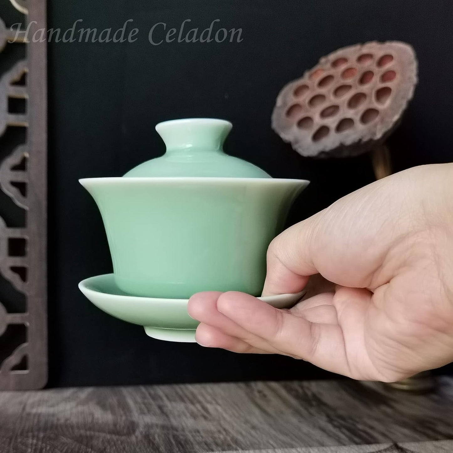 Gaiwan Kung Fu Teacups with Lid 5-Ounce Teacup and Saucer Set Porcelain Chinese Celadon(Green)