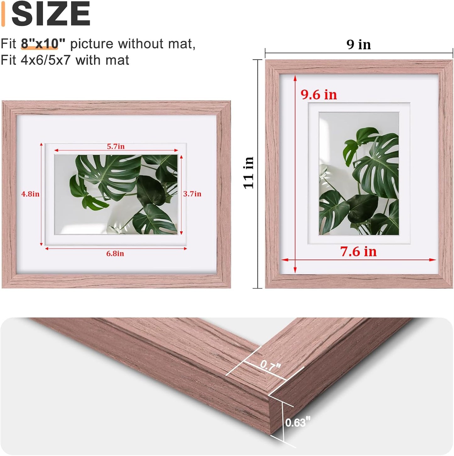 Egofine 8x10 Picture Frames Set of 4, Made of Solid Wood Covered by Plexiglass 4x6 and 5x7 with Mat or 8x10 without Mat, for Table Top Display and Wall Mounting Photo Frame Peach Pink