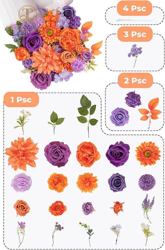 TINGE TIME Rose Artificial Flowers Combo, Fake Foam Roses with Stems for DIY Autumn Wedding Bridal Shower Party Table Centerpieces Fake Floral Arrangement Home Decor(Burnt Orange and Purple)